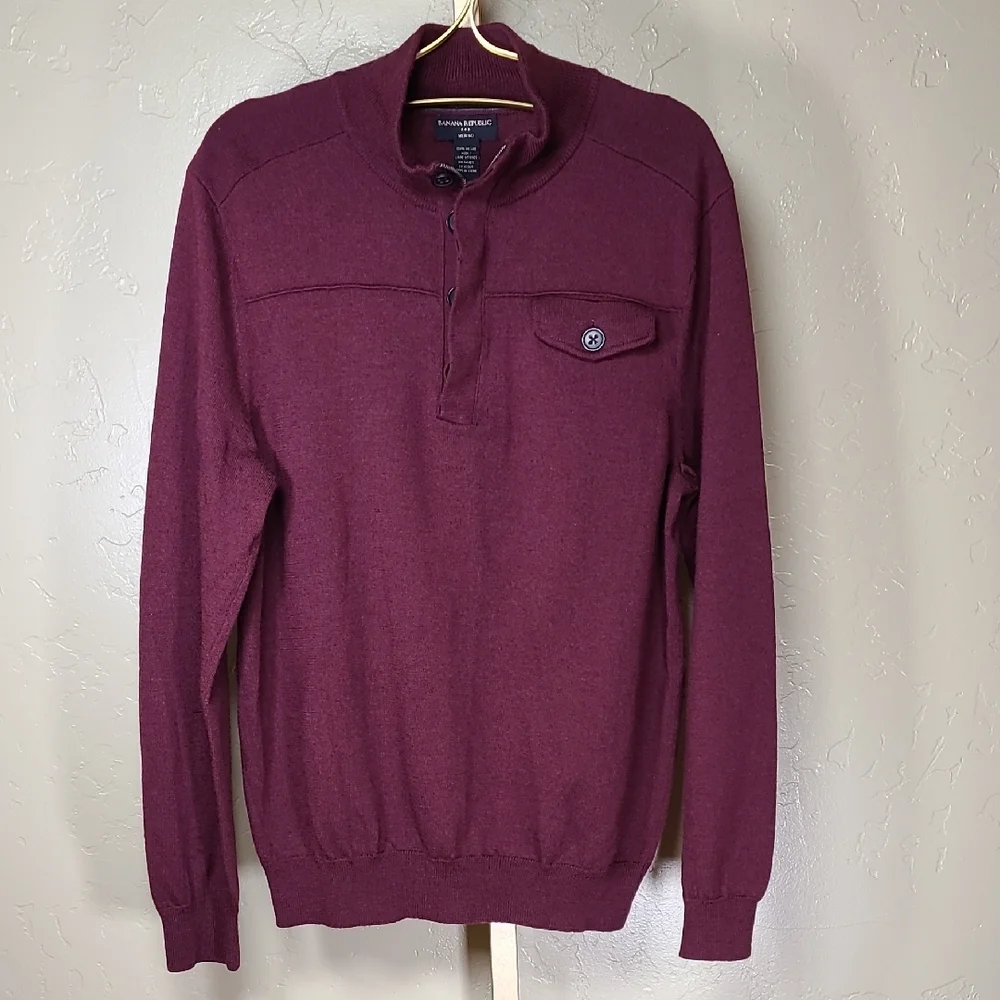 Banana Republic Men's 100% Merino Wool Maroon Zip-Up Collar Sweater Large